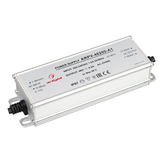 Arlight 034690 Блок питания ARPV-48200-A1 (48V, 4.2A, 200W) (Arlight, IP67 Металл, 3 года) - ! УПАКОВКА СОСТОИТ ИЗ - 1 шт