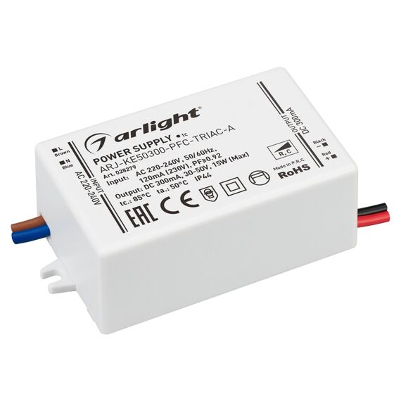 Arlight 028279 Блок питания ARJ-KE50300-PFC-TRIAC-A (15W, 300mA) (Arlight, IP44 Пластик, 5 лет) - ! УПАКОВКА СОСТОИТ ИЗ - 1 шт