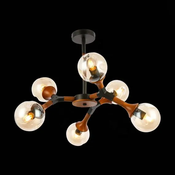 EVOLUCE SLE109402-06 Светильник потолочный Черный, Темное дерево/Прозрачный, Янтарный E27 6*60W, изображение 2